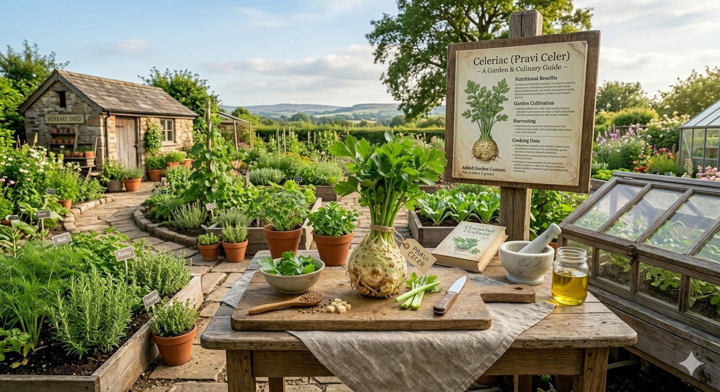 Pravi celer or celeriac root vegetable showing edible bulb and nutritional cooking ingredient