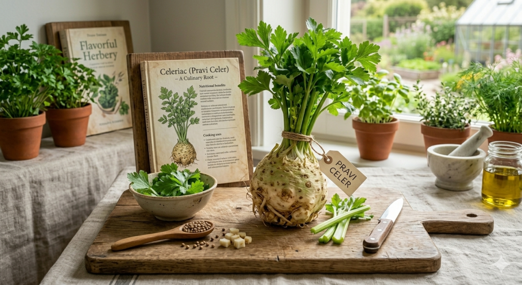 Pravi celer or celeriac root vegetable showing edible bulb and nutritional cooking ingredient